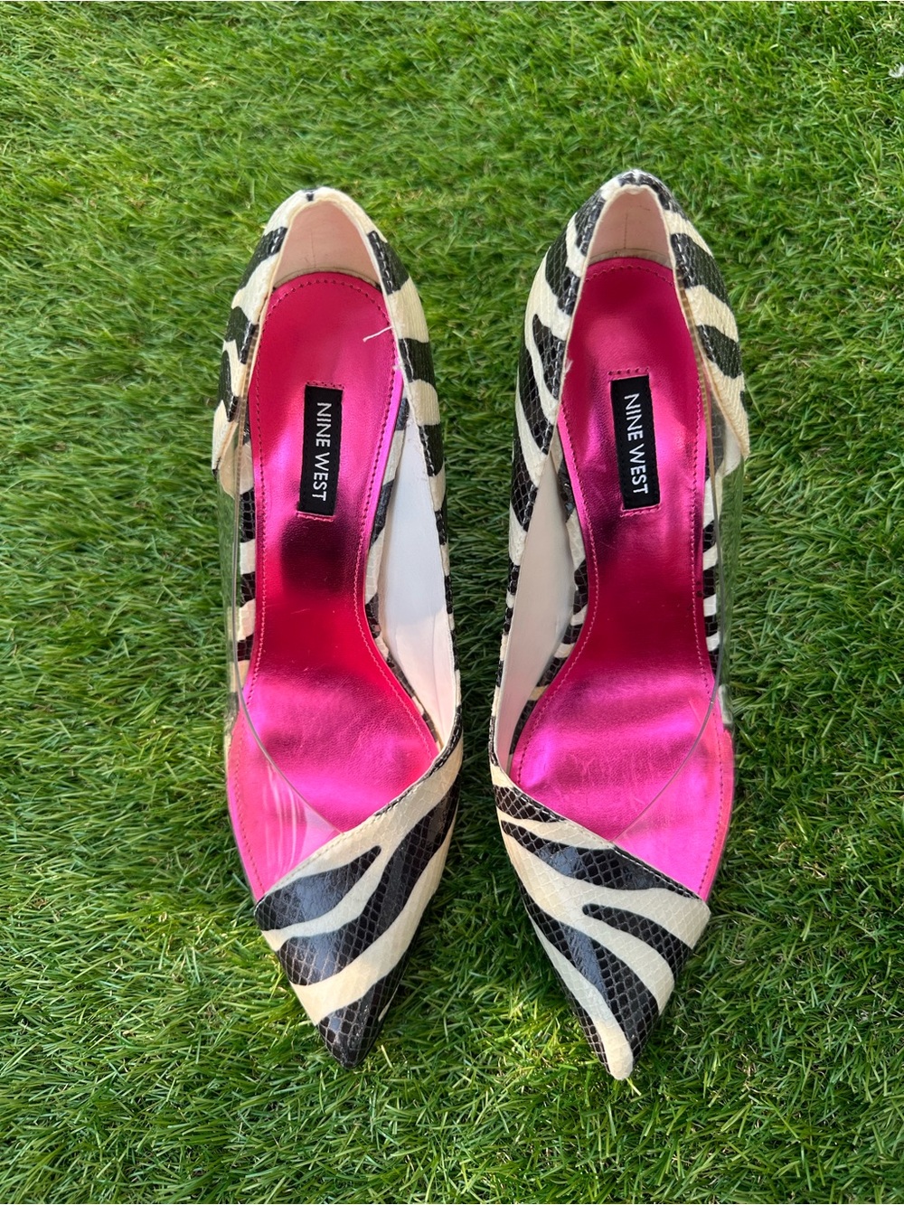 Nine West Toba 3 Zebra Print Clear PVC D’Orsay Pumps Pink Footbed Size 9.5